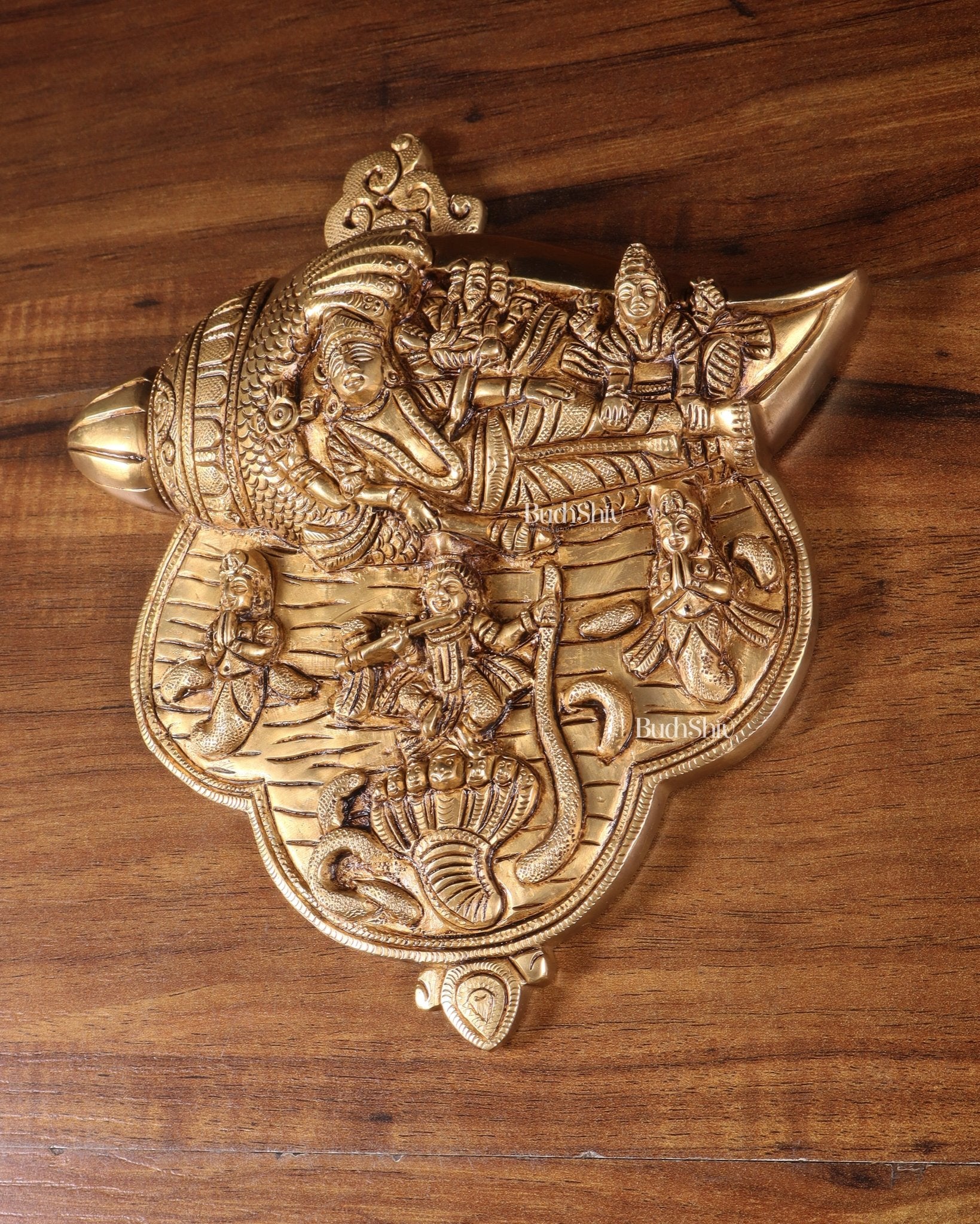 Pure Brass Lakshmi Narayana with Kalinga Krishna Carved on Shankh | Wall Hanging - Budhshiv.com