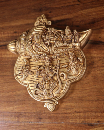 Pure Brass Lakshmi Narayana with Kalinga Krishna Carved on Shankh | Wall Hanging - Budhshiv.com