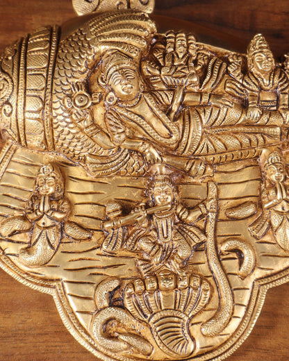 Pure Brass Lakshmi Narayana with Kalinga Krishna Carved on Shankh | Wall Hanging - Budhshiv.com