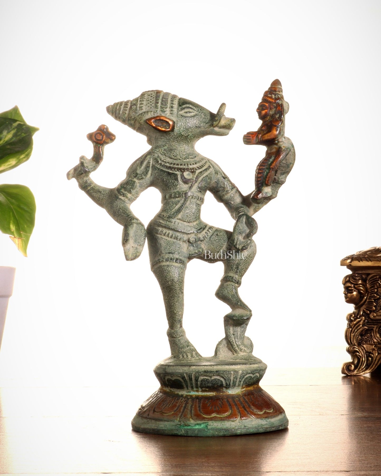 Pure Brass Lakshmi Varaha Idol – 7" vintage sand - Budhshiv.com