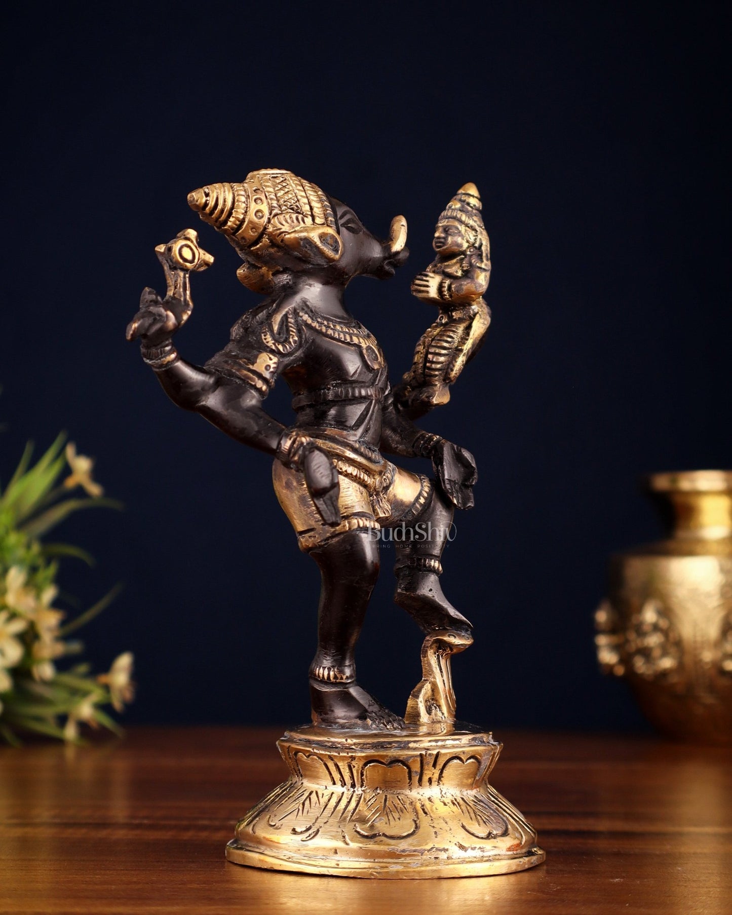 Pure Brass Lakshmi Varaha Swami Idol in Black - Gold Tone – 7" - Budhshiv.com