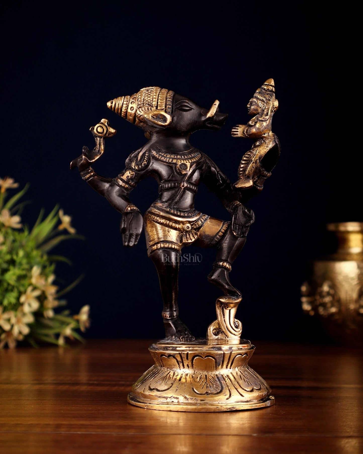 Pure Brass Lakshmi Varaha Swami Idol in Black - Gold Tone – 7" - Budhshiv.com