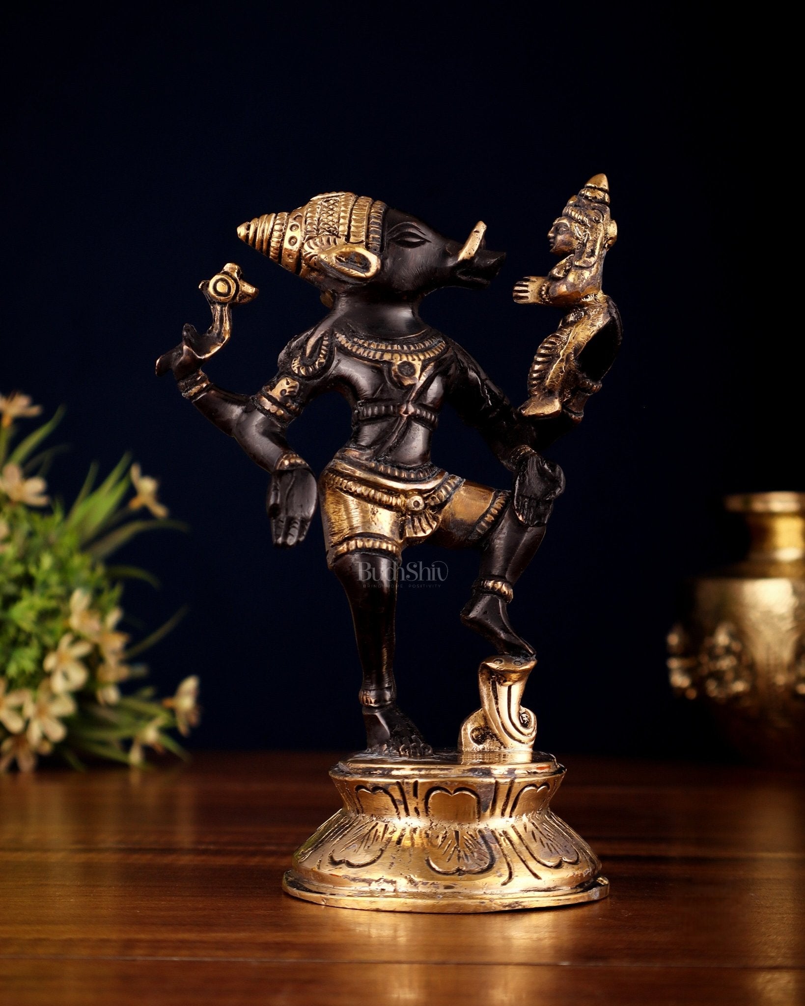 Pure Brass Lakshmi Varaha Swami Idol in Black - Gold Tone – 7" - Budhshiv.com