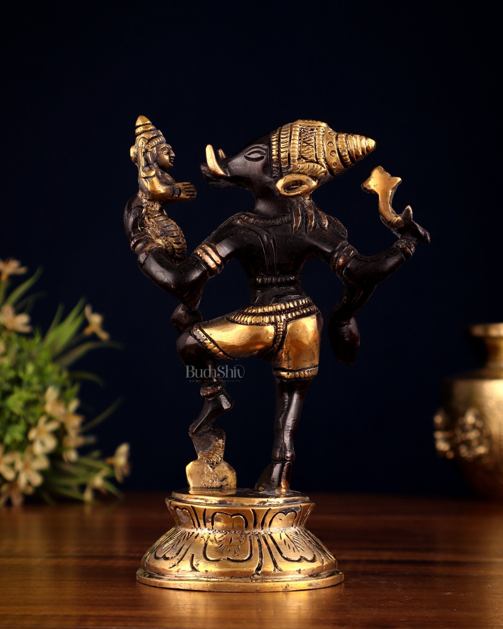 Pure Brass Lakshmi Varaha Swami Idol in Black - Gold Tone – 7" - Budhshiv.com