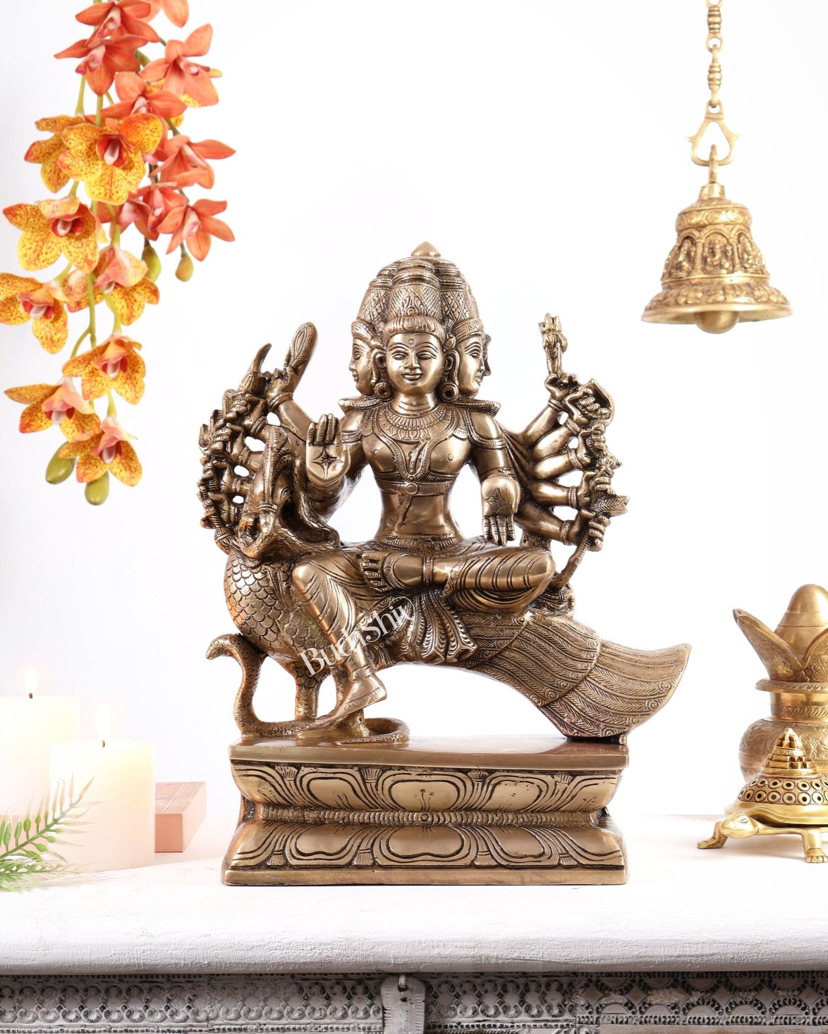 Pure Brass Large Aarumugam Murugan Sitting on a Peacock – Kartikeya Swamy Idol 16" - Budhshiv.com