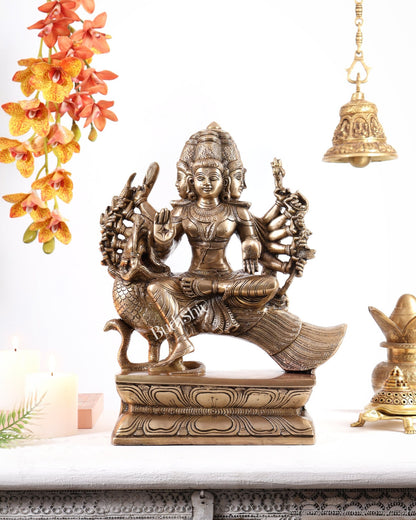 Pure Brass Large Aarumugam Murugan Sitting on a Peacock – Kartikeya Swamy Idol 16" - Budhshiv.com