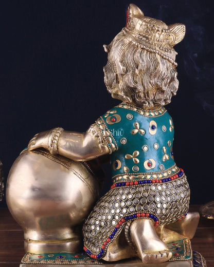 Pure Brass Large Baby Krishna as Makhan Chor Statue - 12" with stonework - Budhshiv.com