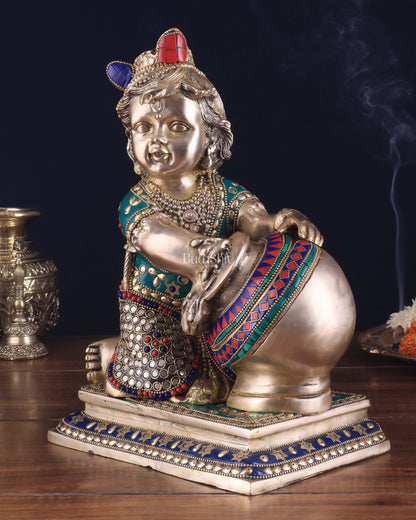 Pure Brass Large Baby Krishna as Makhan Chor Statue - 12" with stonework - Budhshiv.com