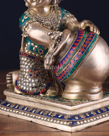 Pure Brass Large Baby Krishna as Makhan Chor Statue - 12" with stonework - Budhshiv.com