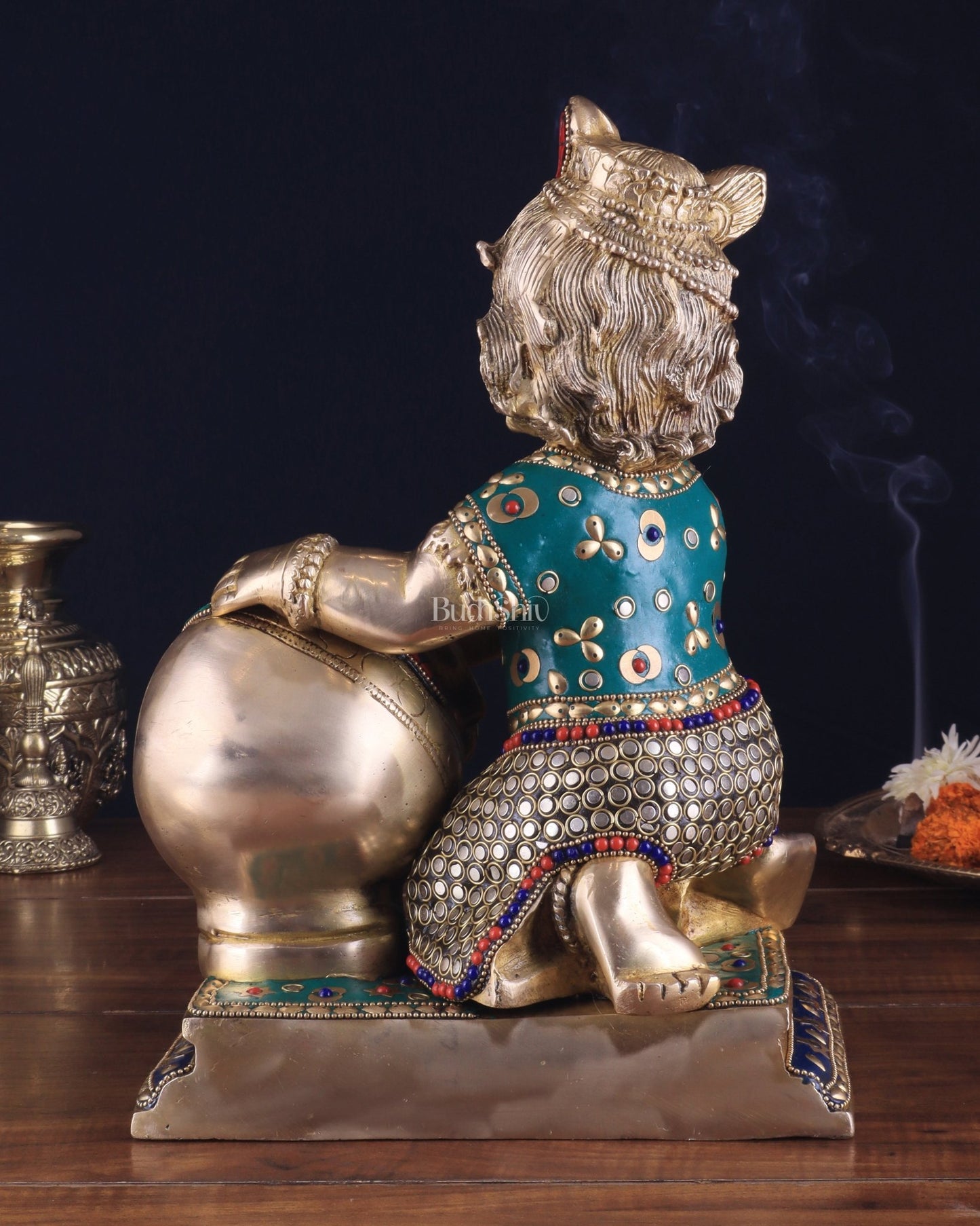 Pure Brass Large Baby Krishna as Makhan Chor Statue - 12" with stonework - Budhshiv.com