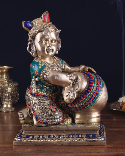 Pure Brass Large Baby Krishna as Makhan Chor Statue - 12" with stonework - Budhshiv.com