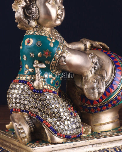 Pure Brass Large Baby Krishna as Makhan Chor Statue - 12" with stonework - Budhshiv.com