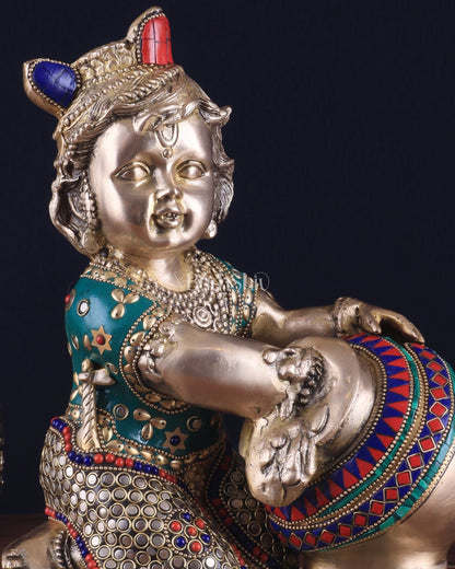 Pure Brass Large Baby Krishna as Makhan Chor Statue - 12" with stonework - Budhshiv.com