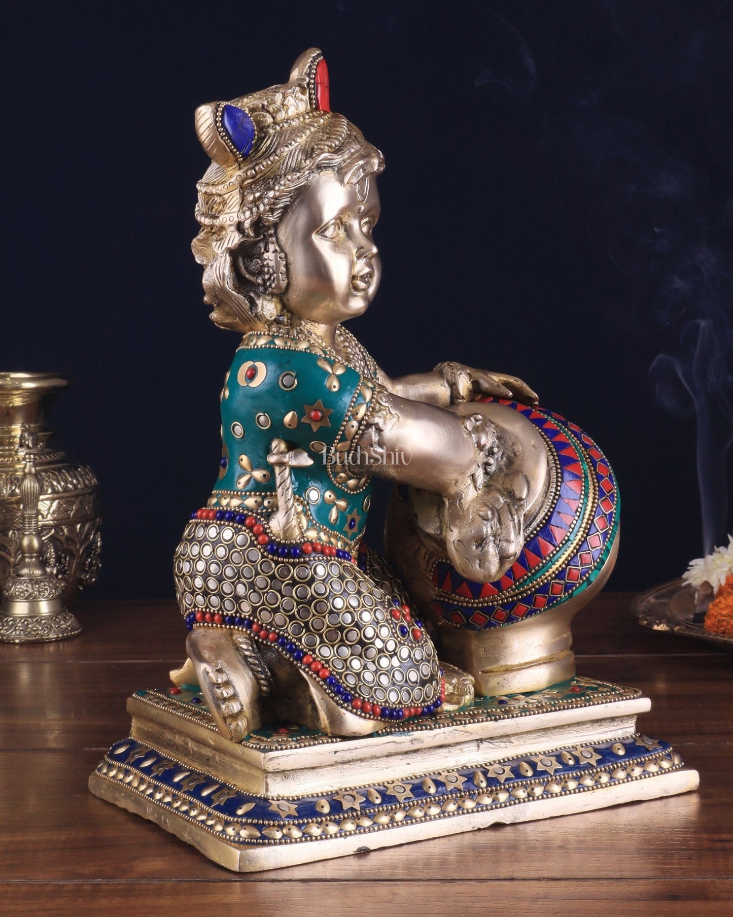 Pure Brass Large Baby Krishna as Makhan Chor Statue - 12" with stonework - Budhshiv.com