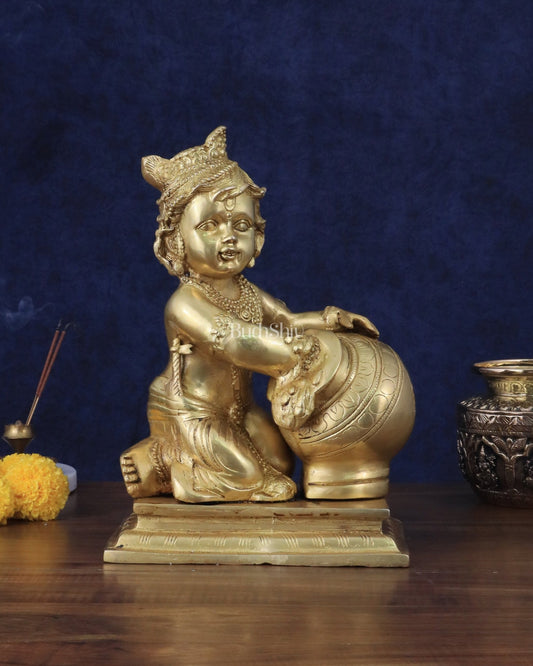 Pure Brass Large Baby Krishna as Makhan Chor Statue - 12" - Budhshiv.com