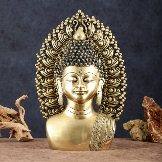 Pure Brass Large Buddha Bust Face Sculpture with Aureole Arch – 18.2" Height - Budhshiv.com