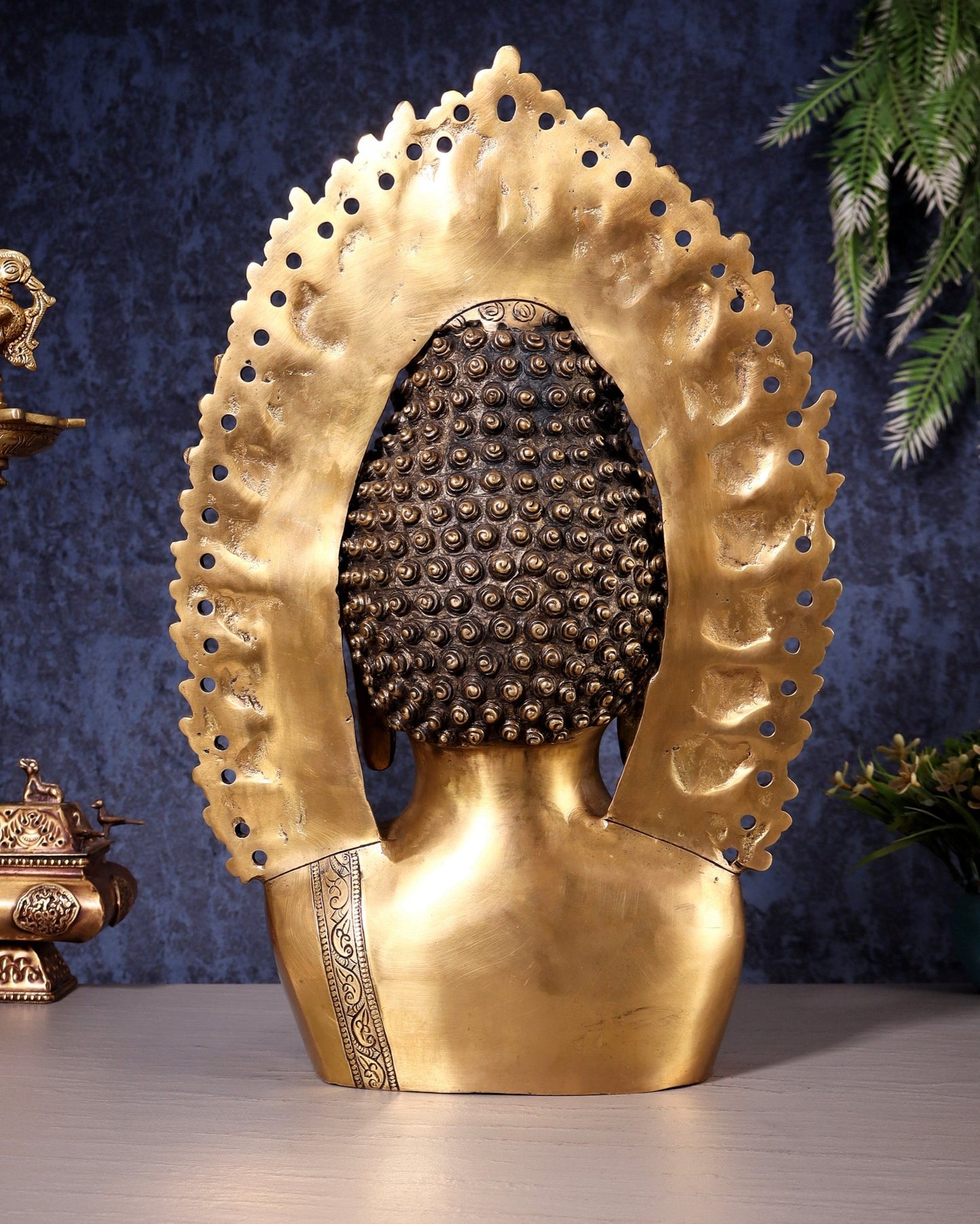 Pure Brass Large Buddha Bust Face Sculpture with Aureole Arch – 18.2" Height - Budhshiv.com
