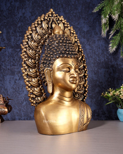 Pure Brass Large Buddha Bust Face Sculpture with Aureole Arch – 18.2" Height - Budhshiv.com