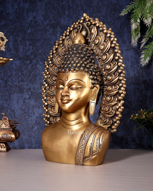 Pure Brass Large Buddha Bust Face Sculpture with Aureole Arch – 18.2" Height - Budhshiv.com