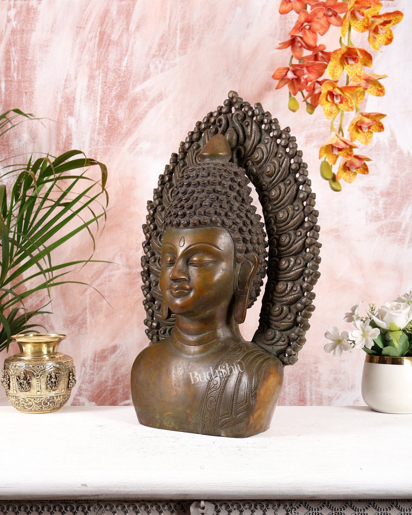 Pure Brass Large Buddha Face Sculpture – 18.2" copper tone - Budhshiv.com