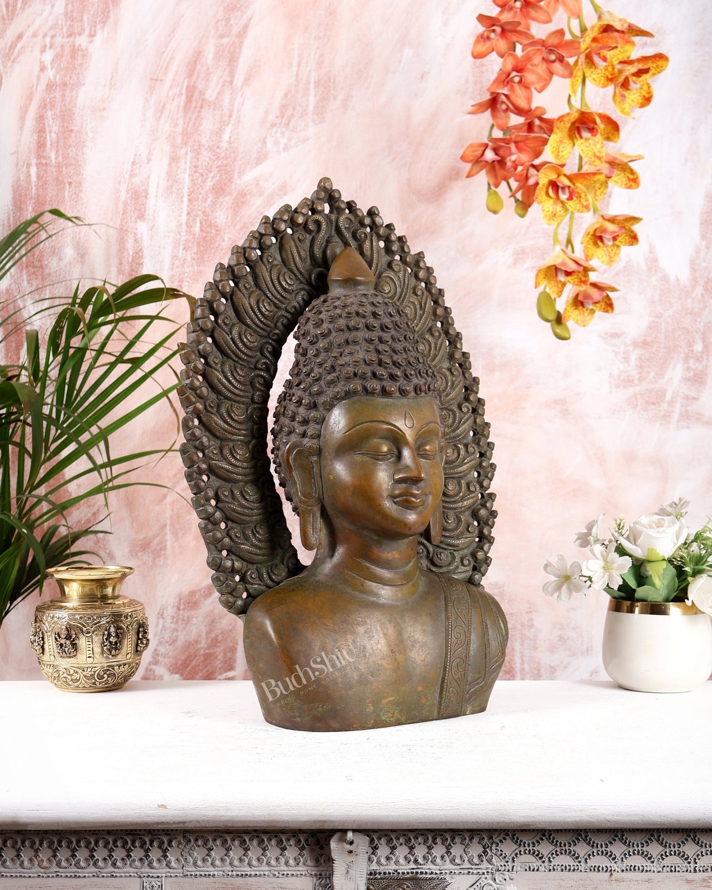 Pure Brass Large Buddha Face Sculpture – 18.2" copper tone - Budhshiv.com