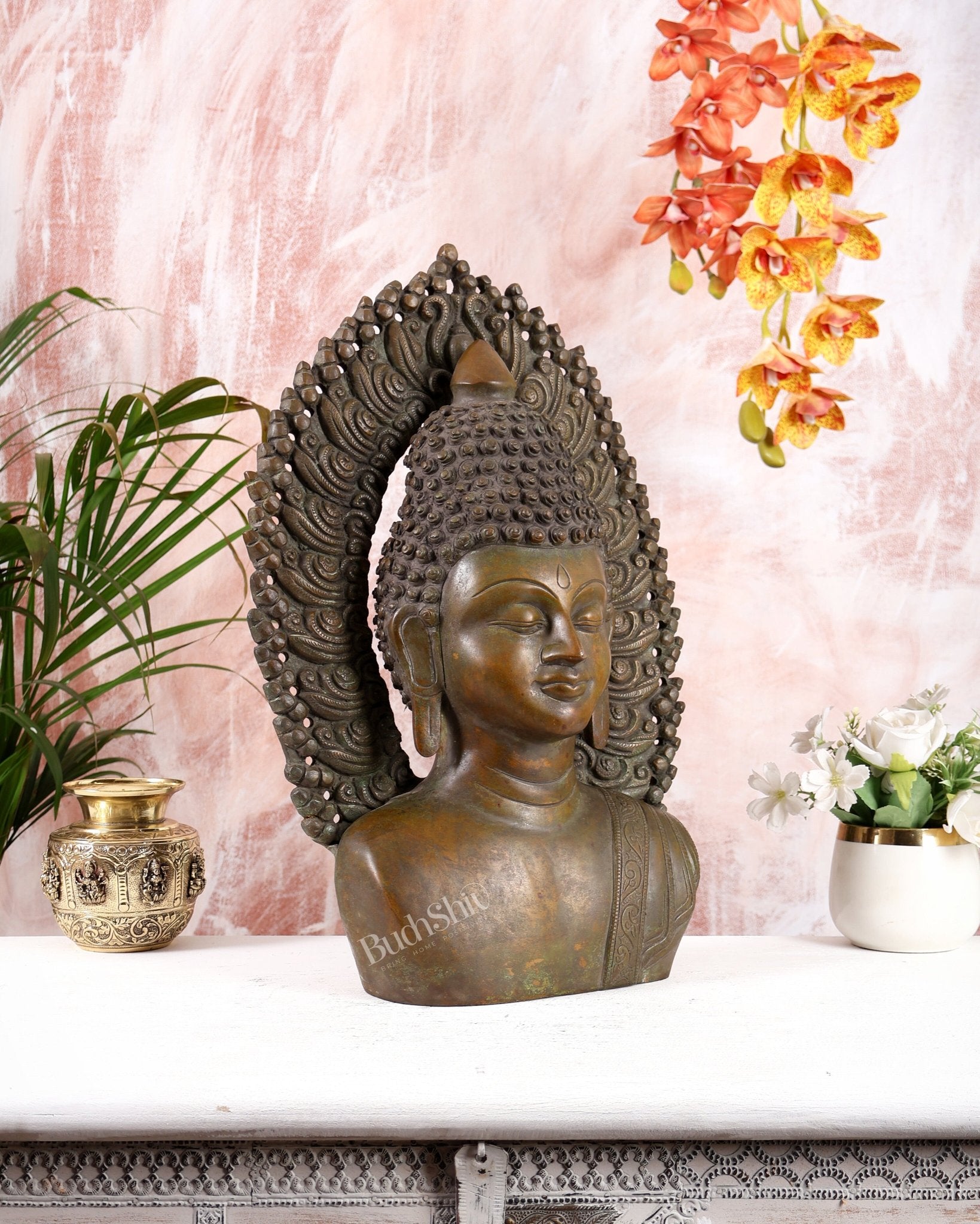 Pure Brass Large Buddha Face Sculpture – 18.2" copper tone - Budhshiv.com