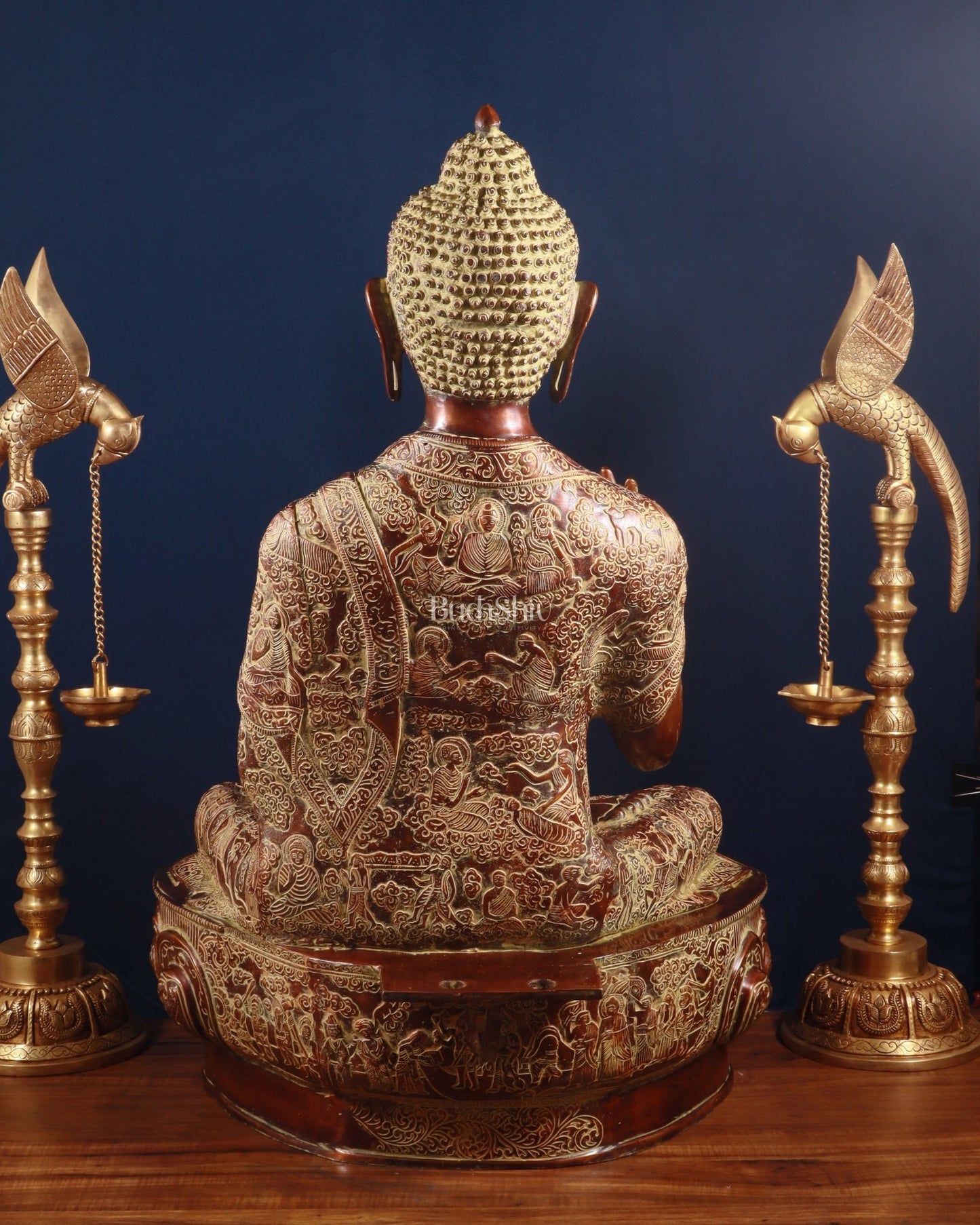 Pure Brass Large Buddha Statue - Handcrafted, 33" Tall, 48kg copper sand finish - Budhshiv.com