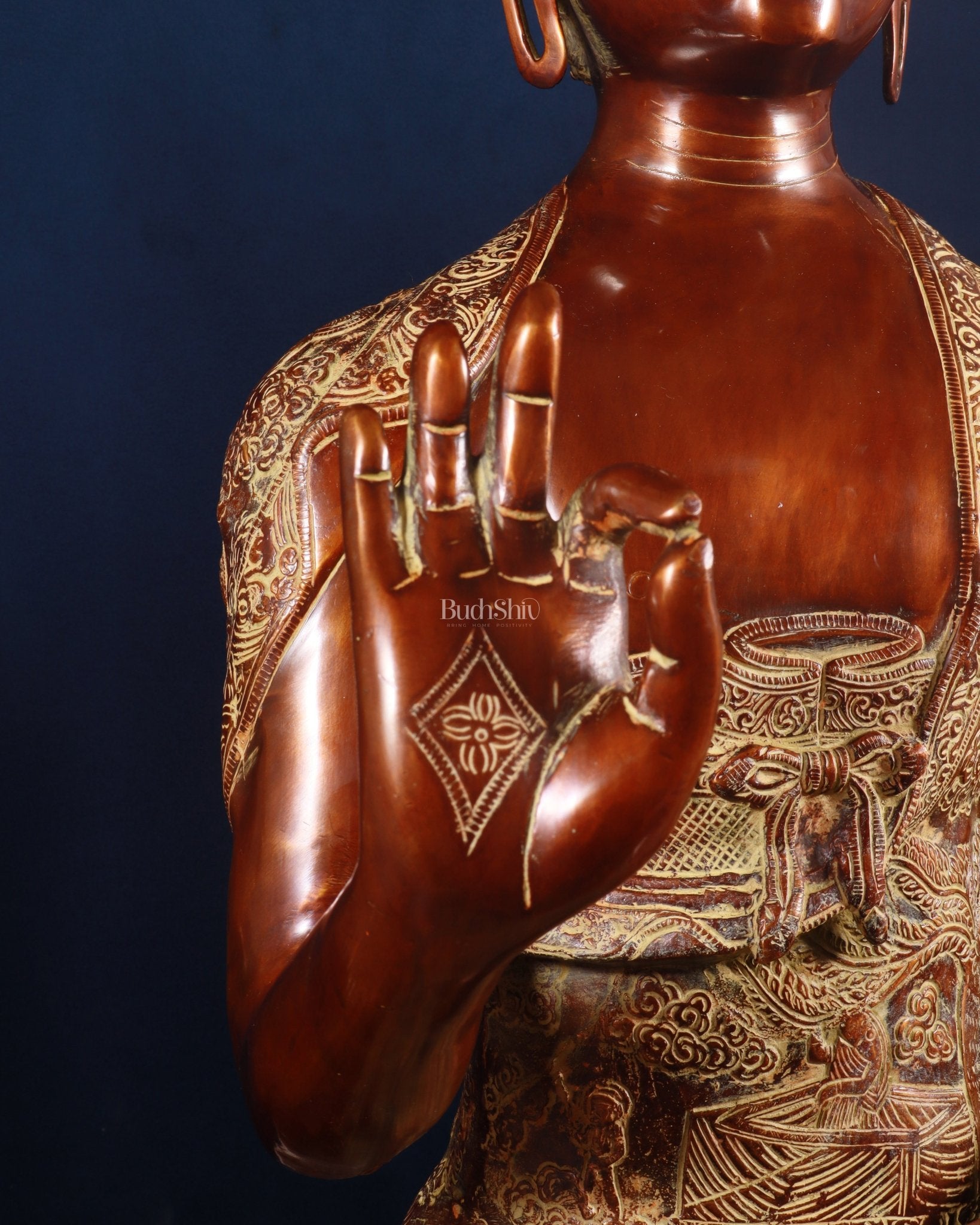 Pure Brass Large Buddha Statue - Handcrafted, 33" Tall, 48kg copper sand finish - Budhshiv.com