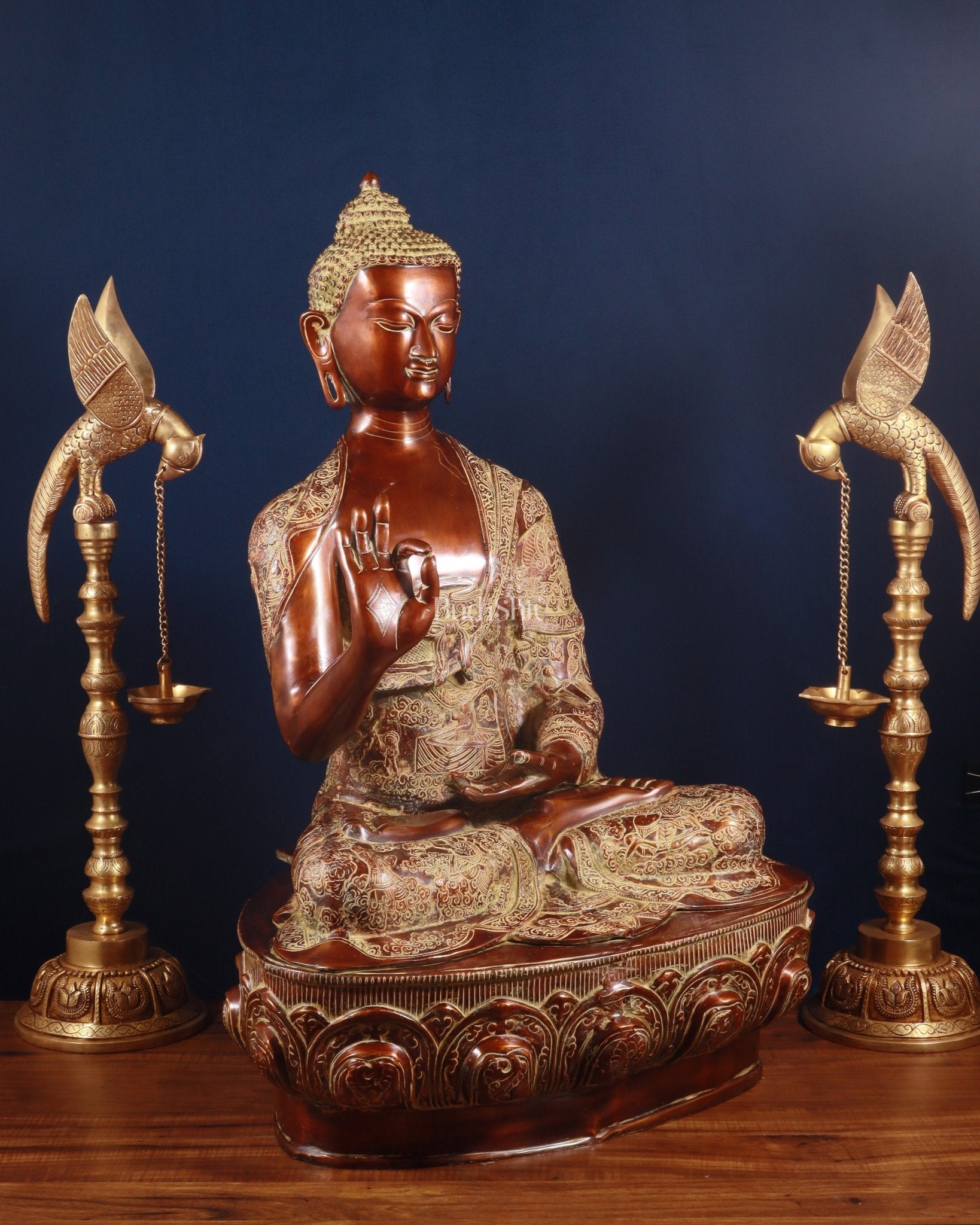 Pure Brass Large Buddha Statue - Handcrafted, 33" Tall, 48kg copper sand finish - Budhshiv.com