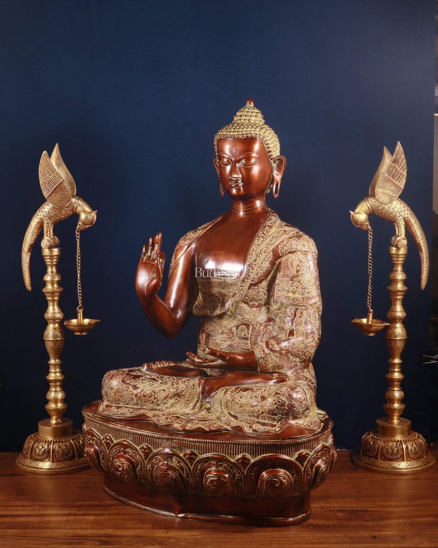 Pure Brass Large Buddha Statue - Handcrafted, 33" Tall, 48kg copper sand finish - Budhshiv.com