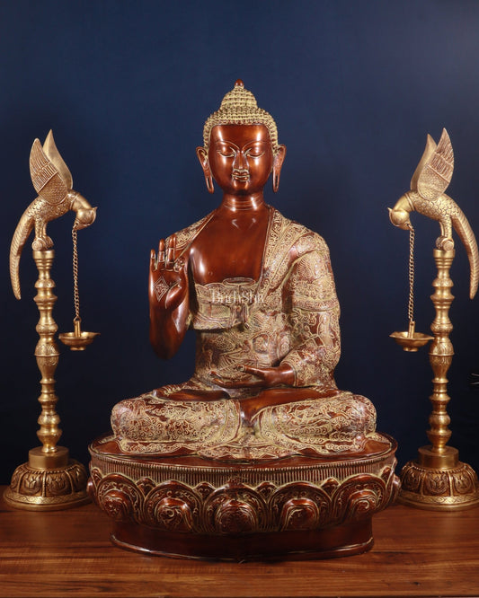 Pure Brass Large Buddha Statue - Handcrafted, 33" Tall, 48kg copper sand finish - Budhshiv.com