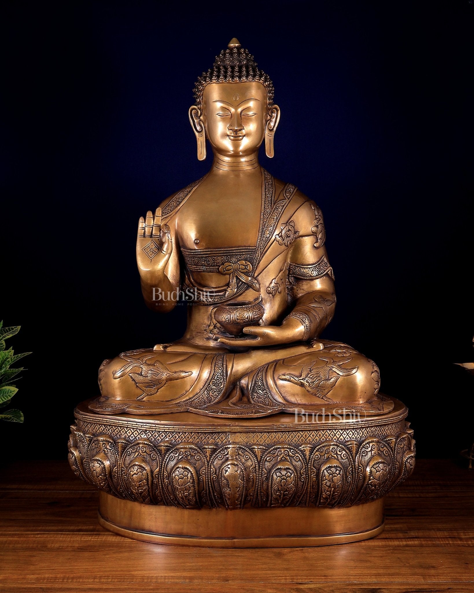 Pure Brass Large Buddha Statue with Dragon Carvings 32 inch - Budhshiv.com