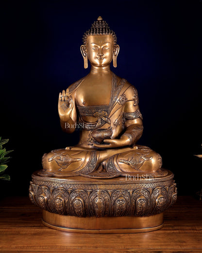 Pure Brass Large Buddha Statue with Dragon Carvings 32 inch - Budhshiv.com
