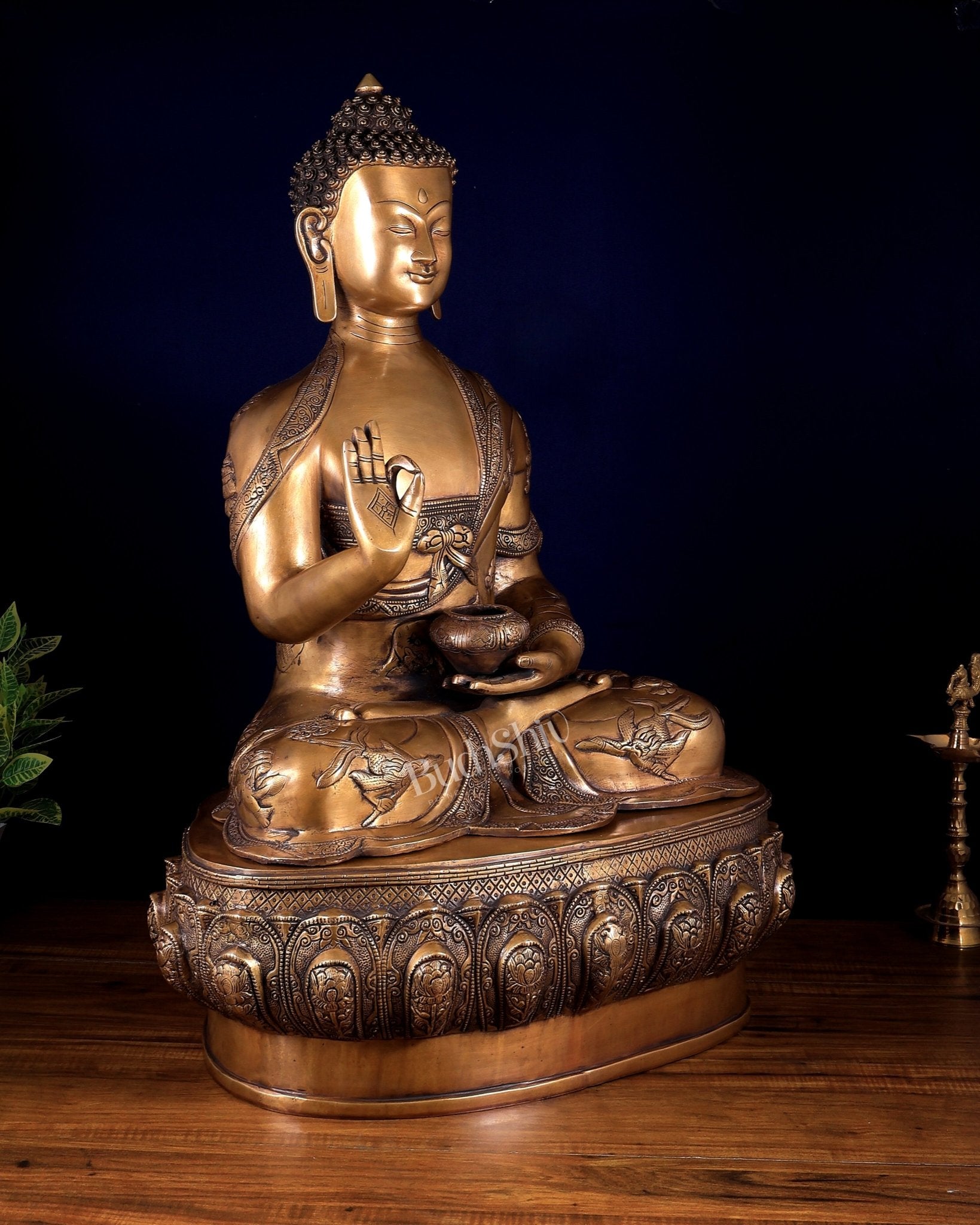 Pure Brass Large Buddha Statue with Dragon Carvings 32 inch - Budhshiv.com