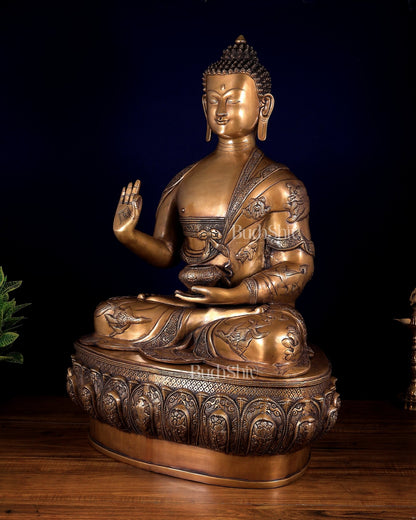 Pure Brass Large Buddha Statue with Dragon Carvings 32 inch - Budhshiv.com