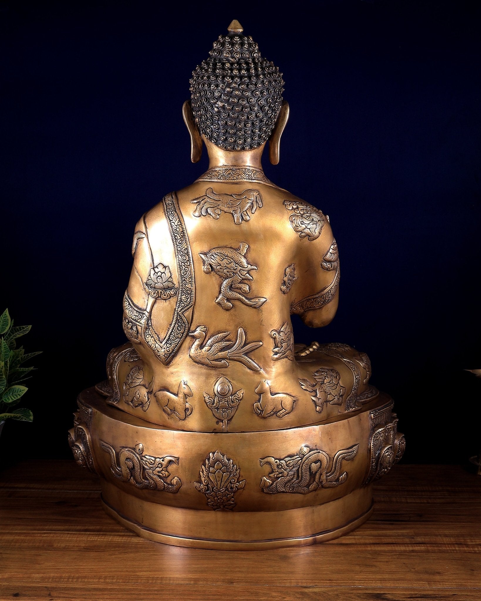 Pure Brass Large Buddha Statue with Dragon Carvings 32 inch - Budhshiv.com