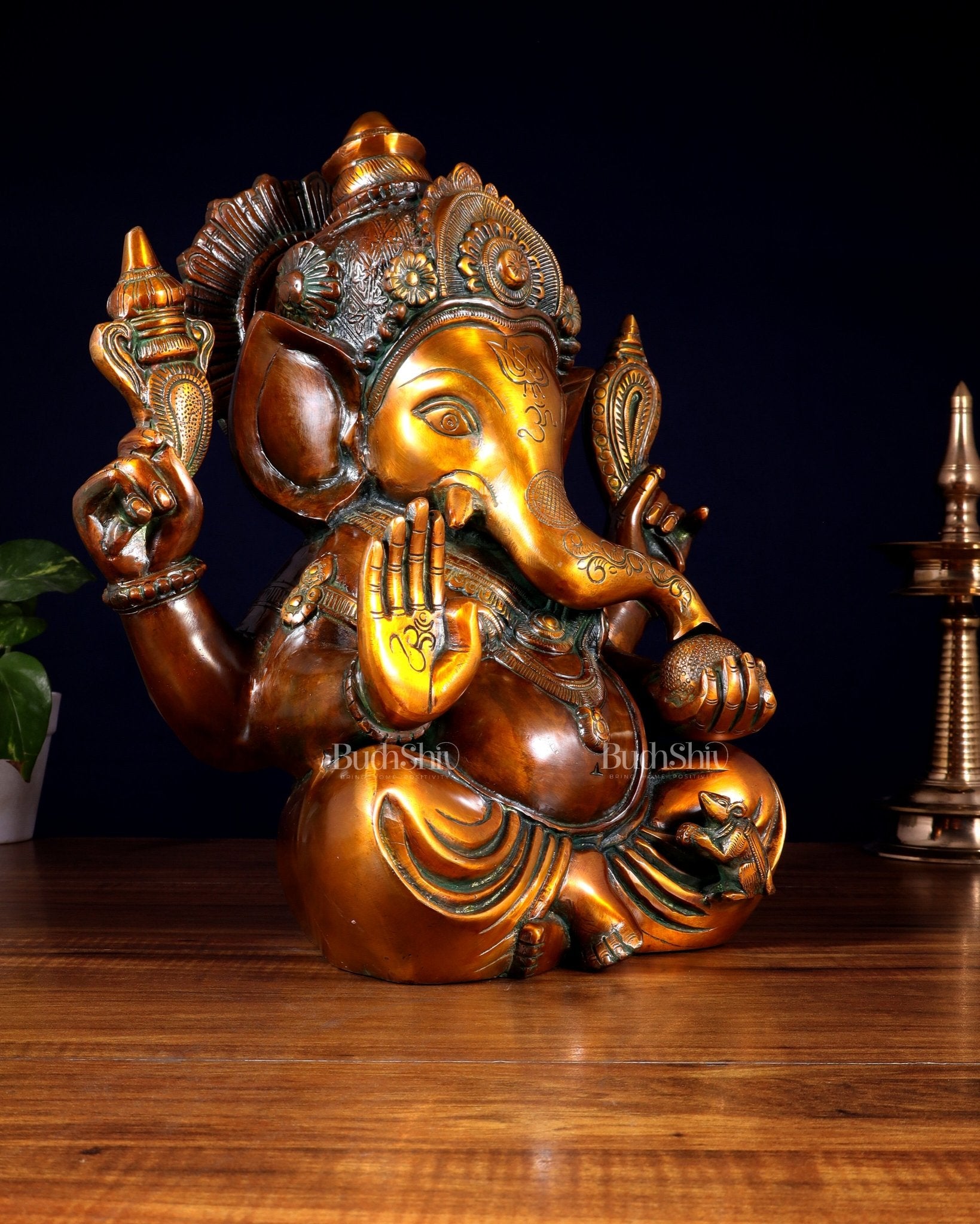 Pure Brass Large Crowned Ganesha Statue 15 inch - Budhshiv.com