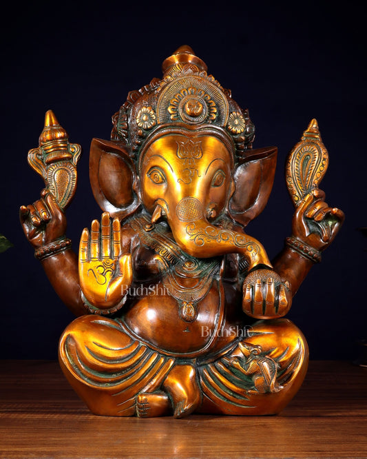 Pure Brass Large Crowned Ganesha Statue 15 inch - Budhshiv.com