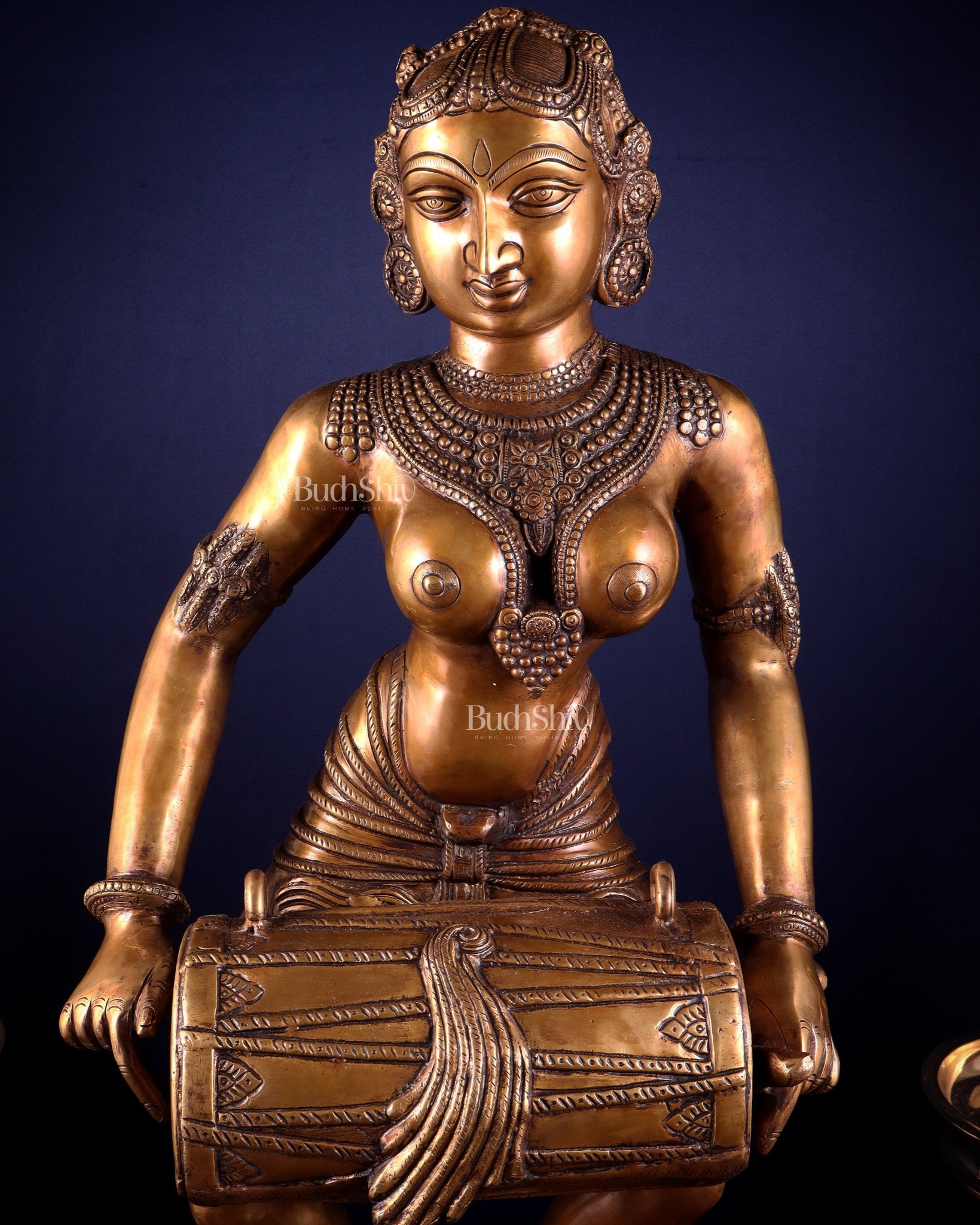 Pure Brass Large Dancing Indian Lady Playing Dholak Statue – 38 inch - Budhshiv.com