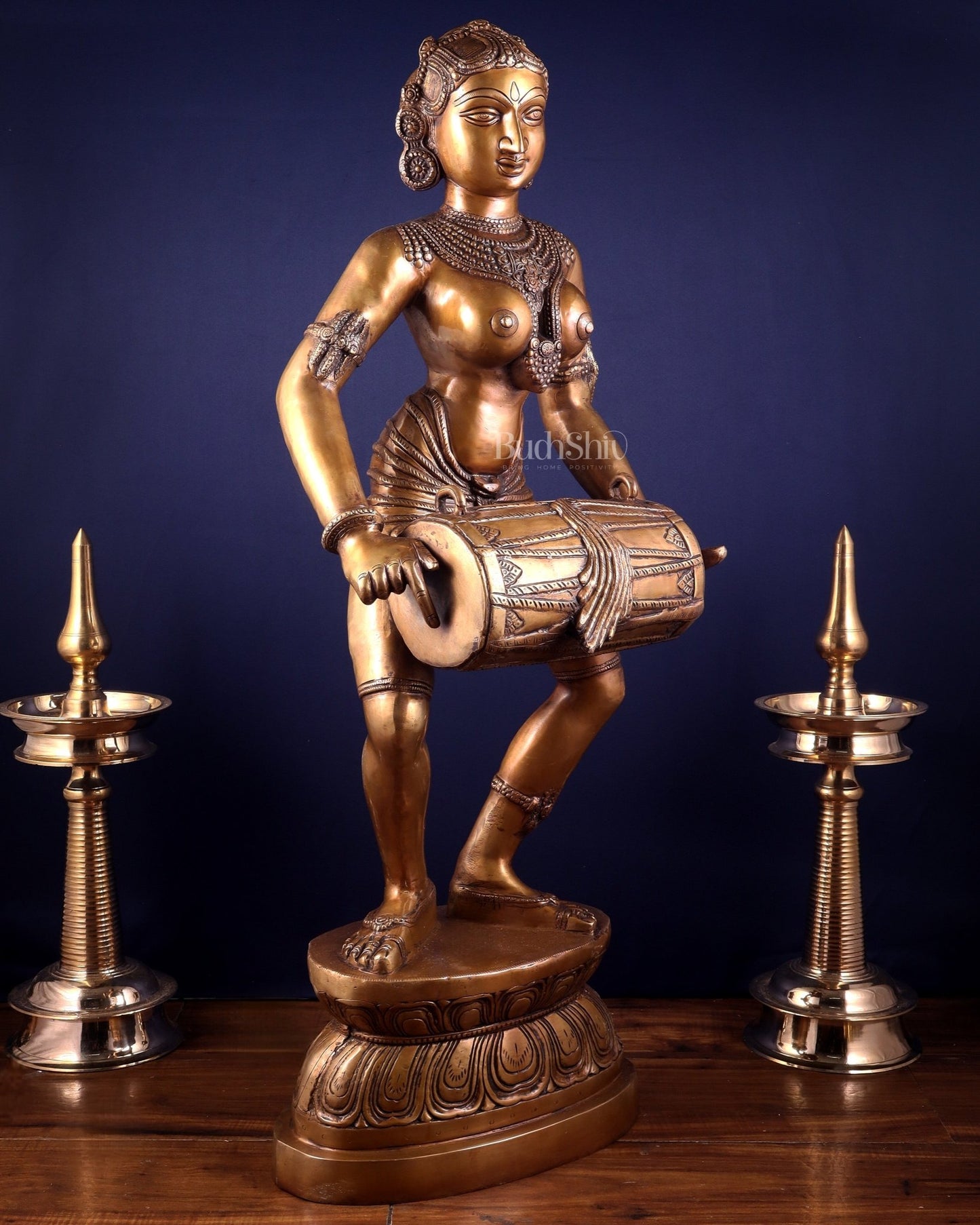 Pure Brass Large Dancing Indian Lady Playing Dholak Statue – 38 inch - Budhshiv.com