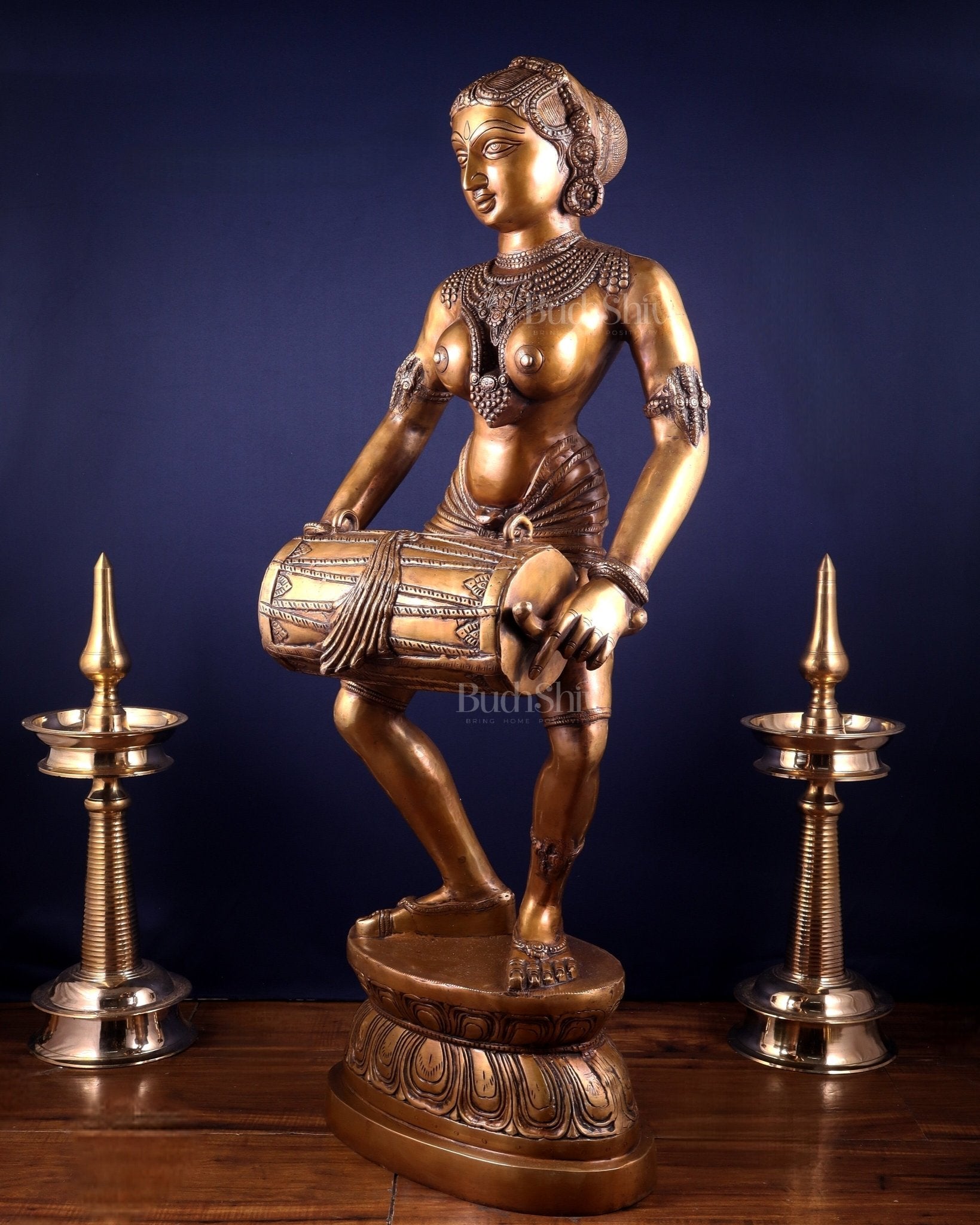 Pure Brass Large Dancing Indian Lady Playing Dholak Statue – 38 inch - Budhshiv.com