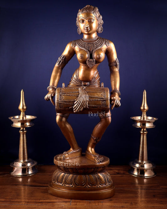 Pure Brass Large Dancing Indian Lady Playing Dholak Statue – 38 inch - Budhshiv.com