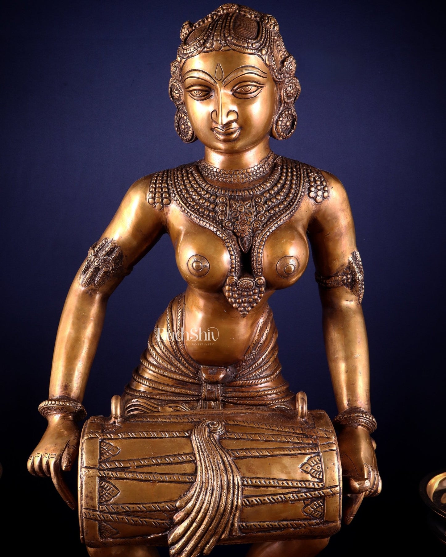Pure Brass Large Dancing Indian Lady Playing Dholak Statue – 38 inch - Budhshiv.com