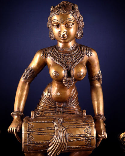 Pure Brass Large Dancing Indian Lady Playing Dholak Statue – 38 inch - Budhshiv.com