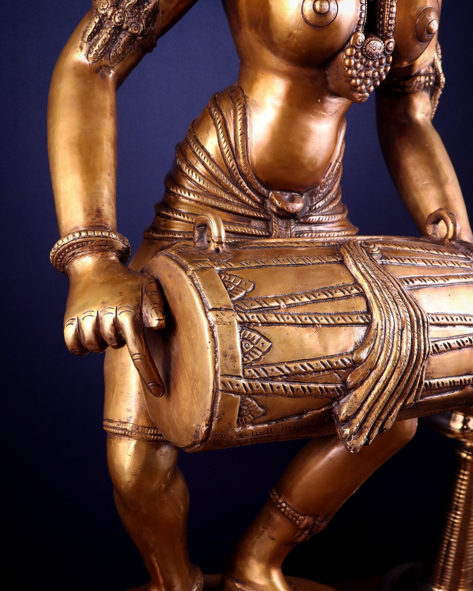 Pure Brass Large Dancing Indian Lady Playing Dholak Statue – 38 inch - Budhshiv.com