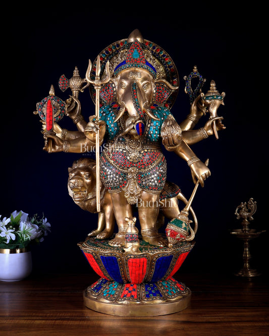 Pure Brass Large Drishti Ganesha Standing with Lion Statue 24" with stonework - Budhshiv.com