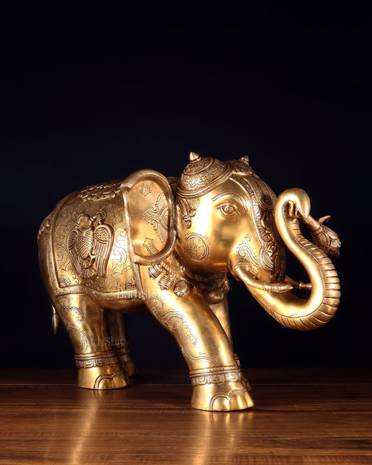 Pure Brass Large Elephant with trunk up Statue with Enhanced Carvings 26" - Budhshiv.com