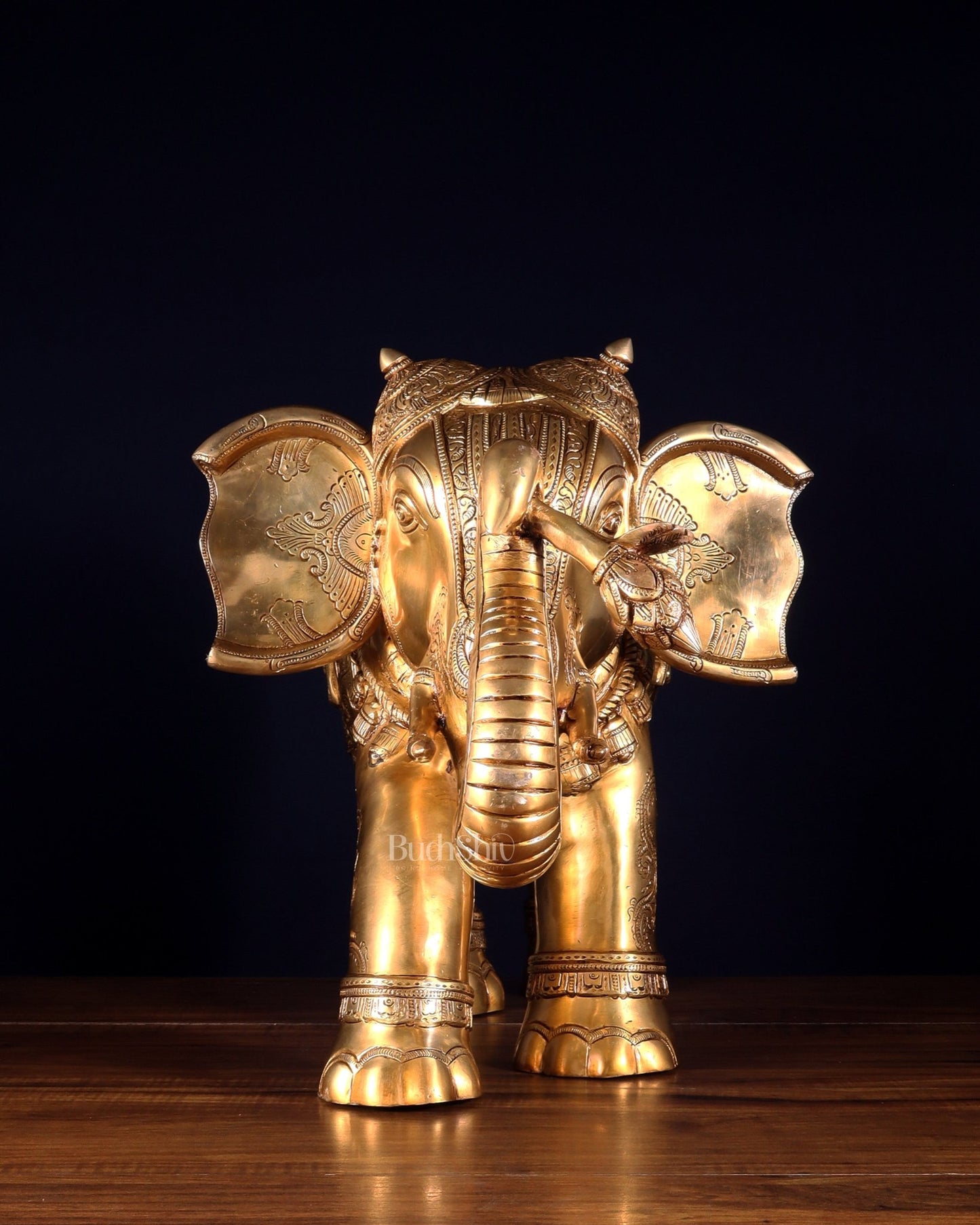 Pure Brass Large Elephant with trunk up Statue with Enhanced Carvings 26" - Budhshiv.com