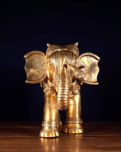 Pure Brass Large Elephant with trunk up Statue with Enhanced Carvings 26" - Budhshiv.com