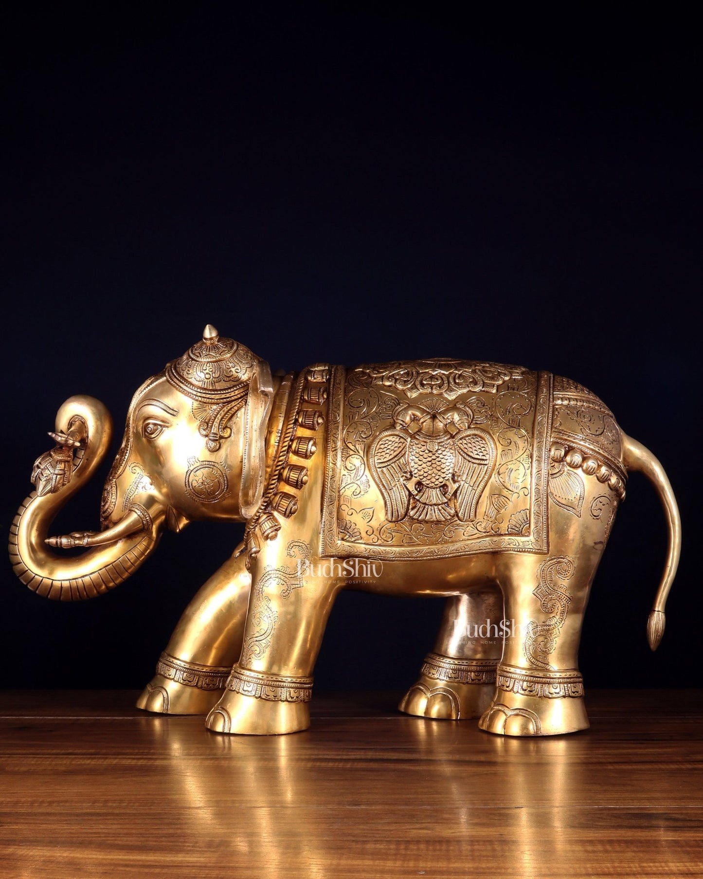 Pure Brass Large Elephant with trunk up Statue with Enhanced Carvings 26" - Budhshiv.com